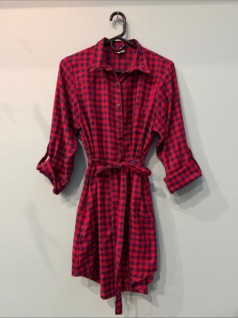 Mata Traders Gingham Checkered Shirt Dress - Red & Blue Large